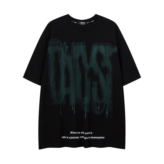 𝕃oose 𝔽it ☞𝟤𝟢𝟤𝟧 ☜美式復古字母塗鴉圓領男女中性 T-Shirt寬版上衣 DA-03