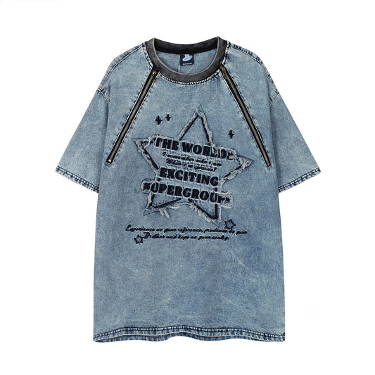 𝕃oose 𝔽it ☞𝟤𝟢𝟤𝟧 ☜美式做舊水洗拉鍊設計圓領男女中性 T-Shirt寬版上衣 G-727