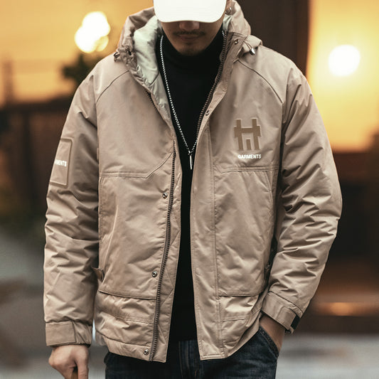 snɔoɟ uoı̣snɟ - 格藍鹿黑色工裝羽絨服短款寬鬆冬季加厚潮牌連帽外套 FG-158