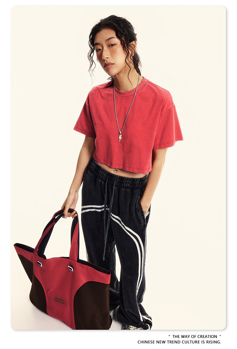 Fierce & Fitted 夏季美式復古做舊辣妹短款T袖N-6 水洗紅