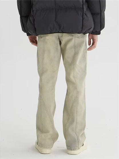 ♜  𝔽𝕦𝕤𝕚𝕠𝕟 𝔽𝕠𝕔𝕦𝕤  𖥟 𝖏𝖊𝖆𝖓𝖘  ☞  美潮高街炸街黄泥染水洗牛仔褲線條設計感潮牌直筒微喇吧拖地褲 B-15