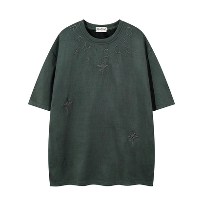 𝕃oose 𝔽it ☞𝟤𝟢𝟤𝟧 ☜美式復古字母刺繡圓領男女中性 T-Shirt寬版上衣JK-70