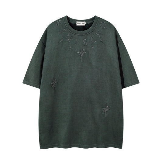 𝕃oose 𝔽it ☞𝟤𝟢𝟤𝟧 ☜美式復古字母刺繡圓領男女中性 T-Shirt寬版上衣JK-70