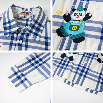 𝔼mbro 𝕊hirt𒉽2025秋冬卡通刺繡格子寬鬆襯衫M-11