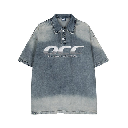 Polo Shirt𒉽美式復古牛仔水洗翻領POLO衫G-80