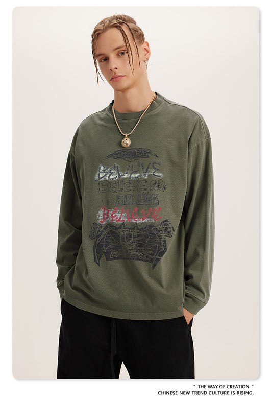 ♛𝔽𝕦𝕤𝕚𝕠𝕟 𝔽𝕠𝕔𝕦𝕤 ♛2025秋冬復古水洗印花大學T W-12