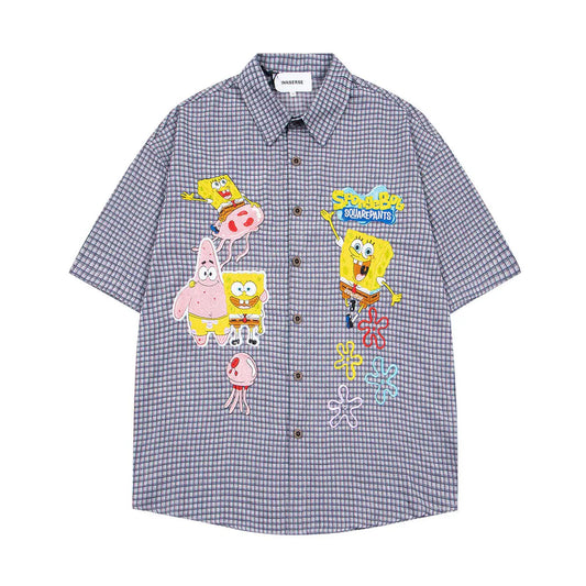 𝔼mbro 𝕊hirt𒉽童趣海綿寶寶系列刺繡短袖襯衫(深藍)