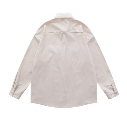 𝔼mbro 𝕊hirt𒉽日式可愛貓咪刺繡設計感燈芯絨寬鬆襯衫外套(杏色)