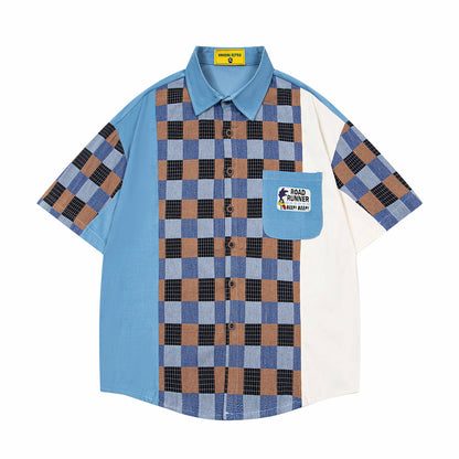 𝔼mbro 𝕊hirt𒉽美式復古拼貼刺繡學院風寬鬆襯衫 UN-5