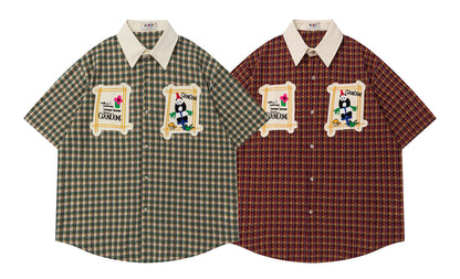 𝔼mbro 𝕊hirt𒉽美式復古可愛熊貓刺繡格子襯衫N-6