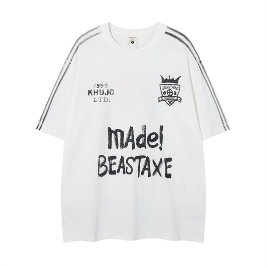 𝕃oose 𝔽it ☞𝟤𝟢𝟤𝟧 ☜美式復古字母MADEl 印花圓領男女中性 T-Shirt寬版上衣 	 A-815