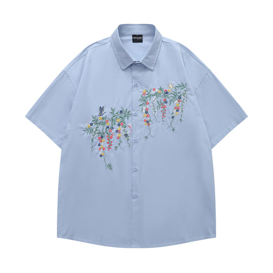𝔼mbro 𝕊hirt𒉽日式復古花卉刺繡短袖百搭休閒襯衫 (藍色)