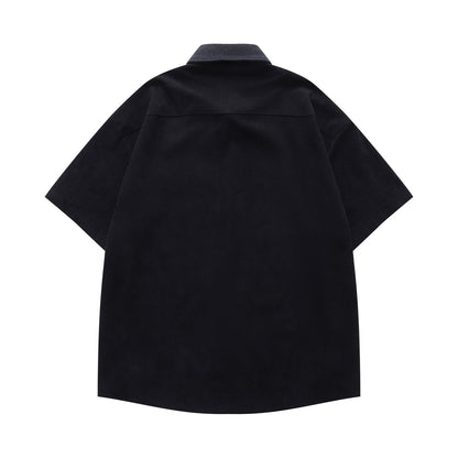 𝔼mbro 𝕊hirt𒉽美式復古可愛長頸鹿刺繡燈芯絨短袖休閒襯衫 YD-10