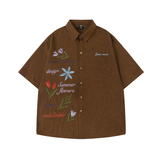 𝔼mbro 𝕊hirt𒉽美式復古花卉刺繡燈芯絨短袖寬鬆襯衫R-82