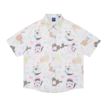 𝕃oose 𝔽it ☞𝟤𝟢𝟤𝟧 ☜日式復古可愛貓咪滿印百搭休閒寬鬆襯衫  YJ-3