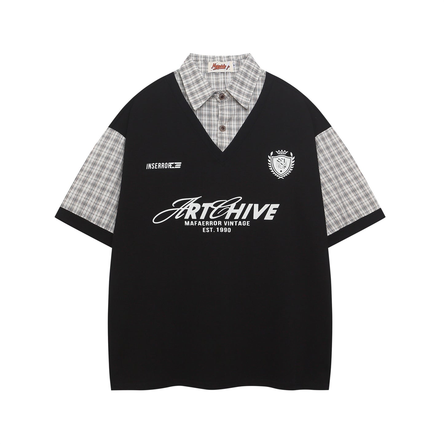 Polo Shirt𒉽美式復古印花拼接假兩件翻領POLO衫I-510