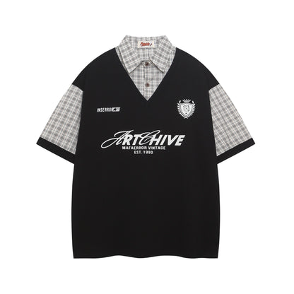 Polo Shirt𒉽美式復古印花拼接假兩件翻領POLO衫I-510