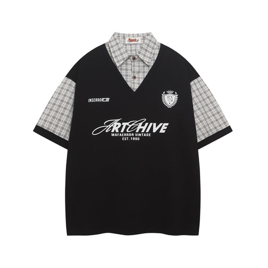 Polo Shirt𒉽美式復古印花拼接假兩件翻領POLO衫I-510