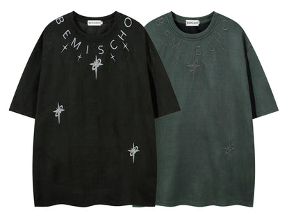 𝕃oose 𝔽it ☞𝟤𝟢𝟤𝟧 ☜美式復古字母刺繡圓領男女中性 T-Shirt寬版上衣JK-70