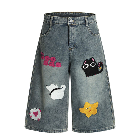 𖥟𝕽𝖊𝖑𝖆𝖝𝖊𝖉 𝖋𝖎𝖙  ☞美式復古水洗圖案刺繡牛仔七分褲G-83