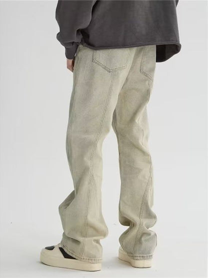 ♜  𝔽𝕦𝕤𝕚𝕠𝕟 𝔽𝕠𝕔𝕦𝕤  𖥟 𝖏𝖊𝖆𝖓𝖘  ☞  美潮高街炸街黄泥染水洗牛仔褲線條設計感潮牌直筒微喇吧拖地褲 B-15