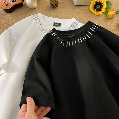 𝔽𝕦𝕤𝕚𝕠𝕟 𝔽𝕠𝕔𝕦𝕤 ✘ cleanfit黑色墊肩短袖男夏季金屬設計感小眾高級感痞帥小領口t恤 W115