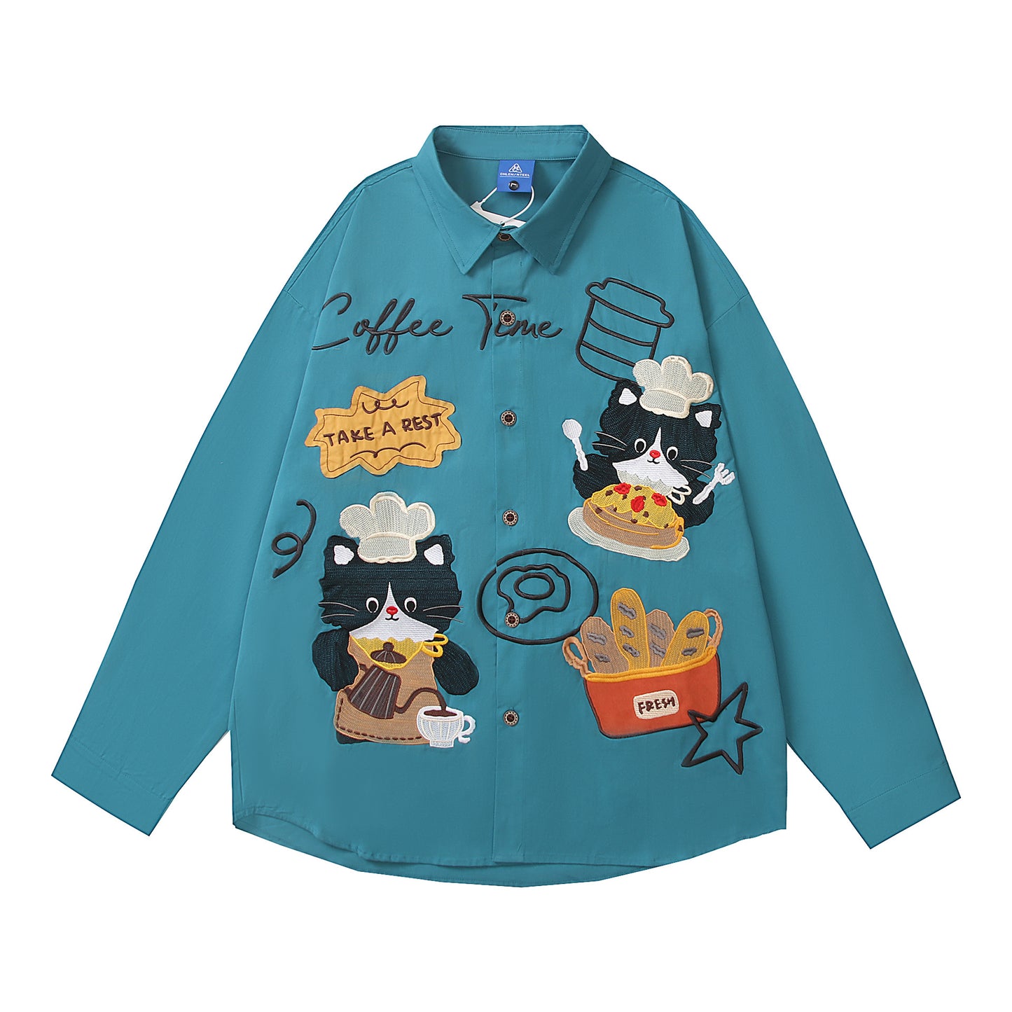 𝔼mbro 𝕊hirt𒉽2025秋冬復古小貓重工刺繡長袖襯衫C-01