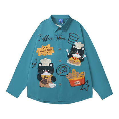 𝔼mbro 𝕊hirt𒉽2025秋冬復古小貓重工刺繡長袖襯衫C-01