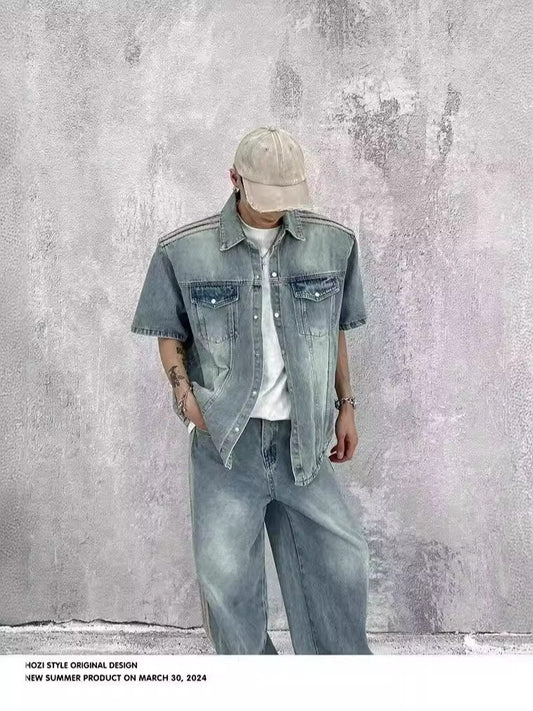美式復古牛仔水洗短袖襯衫 CZ99