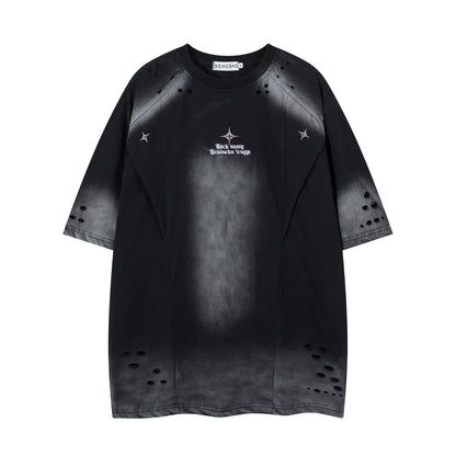 𝕃oose 𝔽it ☞𝟤𝟢𝟤𝟧 ☜美式水洗破洞字母刺繡圓領男女中性 T-Shirt寬版上衣JK-8