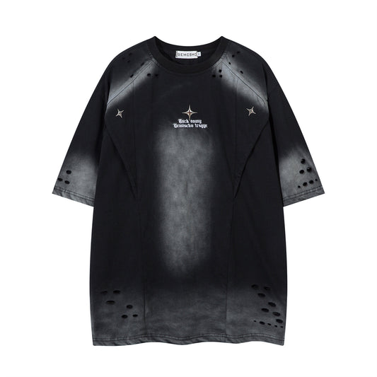 𝕃oose 𝔽it ☞𝟤𝟢𝟤𝟧 ☜美式水洗破洞字母刺繡圓領男女中性 T-Shirt寬版上衣JK-8