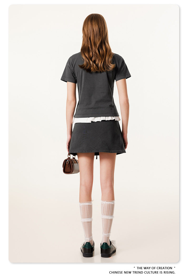 Fierce & Fitted 夏季美式高街水洗短袖上衣A字裙套裝	N-9 深灰色