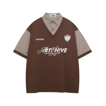 Polo Shirt𒉽美式復古印花拼接假兩件翻領POLO衫I-510