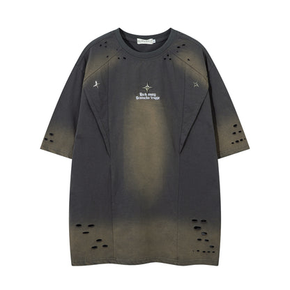 𝕃oose 𝔽it ☞𝟤𝟢𝟤𝟧 ☜美式水洗破洞字母刺繡圓領男女中性 T-Shirt寬版上衣JK-8