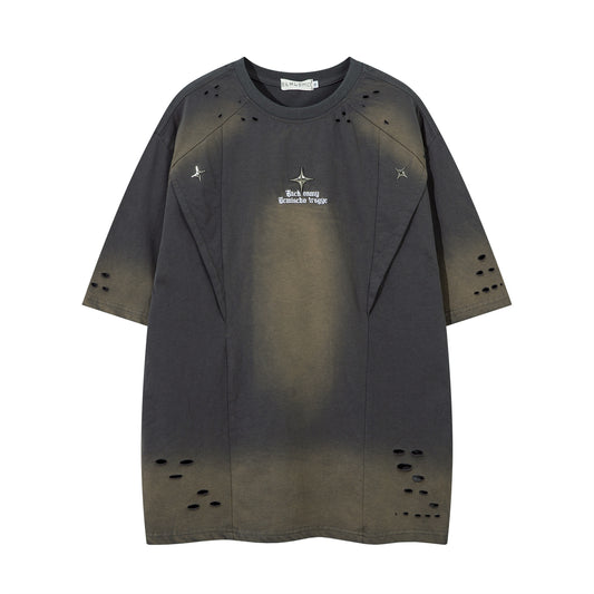 𝕃oose 𝔽it ☞𝟤𝟢𝟤𝟧 ☜美式水洗破洞字母刺繡圓領男女中性 T-Shirt寬版上衣JK-8