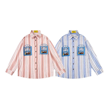 𝔼mbro 𝕊hirt𒉽2025秋冬小貓圖案刺繡條紋襯衫U-41