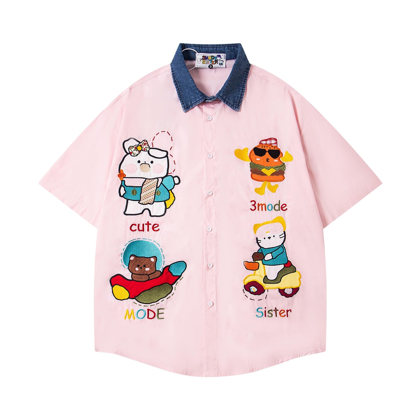 𝔼mbro 𝕊hirt𒉽美式復古可愛動物刺繡休閒寬鬆襯衫 3MO-6