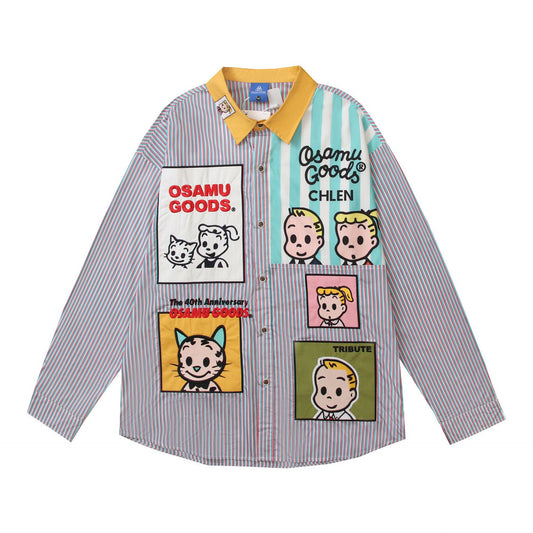 𝔼mbro 𝕊hirt𒉽2025秋冬卡通貼布繡拼接寬鬆襯衫C-27