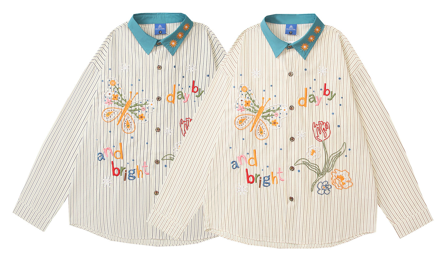 𝔼mbro 𝕊hirt𒉽2025秋冬復古撞色花朵刺繡襯衫C-16