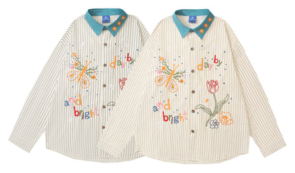 𝔼mbro 𝕊hirt𒉽2025秋冬復古撞色花朵刺繡襯衫C-16