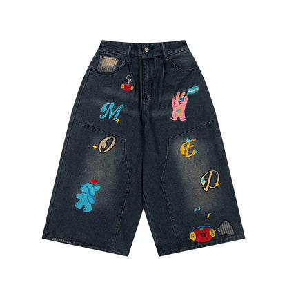 𖥟𝕽𝖊𝖑𝖆𝖝𝖊𝖉 𝖋𝖎𝖙  ☞美式復古卡通刺繡七分褲M-03