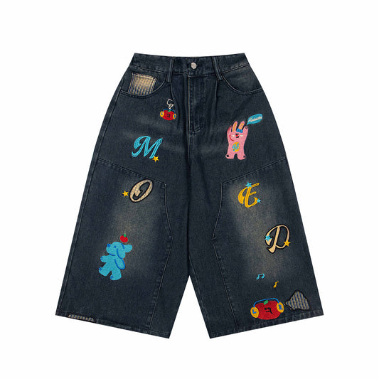 𖥟𝕽𝖊𝖑𝖆𝖝𝖊𝖉 𝖋𝖎𝖙  ☞美式復古卡通刺繡七分褲M-03