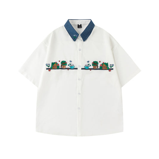 𝔼mbro 𝕊hirt𒉽日式復古花卉圖案刺繡寬鬆百搭短袖襯衫 (白色)