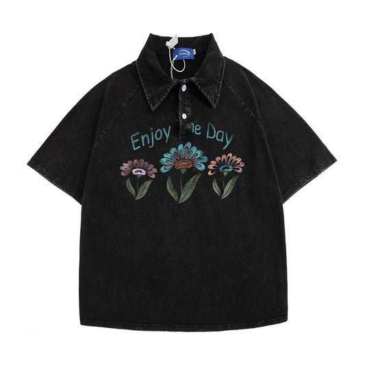 Polo Shirt𒉽美式復古花卉印花翻領POLO衫 P70