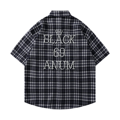 𝕃oose 𝔽it ☞𝟤𝟢𝟤𝟧 ☜美式復古字母珍珠感格子寬鬆襯衫 J-4