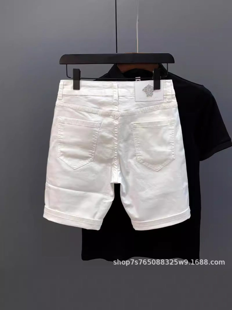♜  𝔽𝕦𝕤𝕚𝕠𝕟 𝔽𝕠𝕔𝕦𝕤  𖥟 𝖏𝖊𝖆𝖓𝖘  ☞ 夏季薄款個性刺绣烫鑽牛仔短褲男士高街休閒彈力修身五分褲 Bs-15