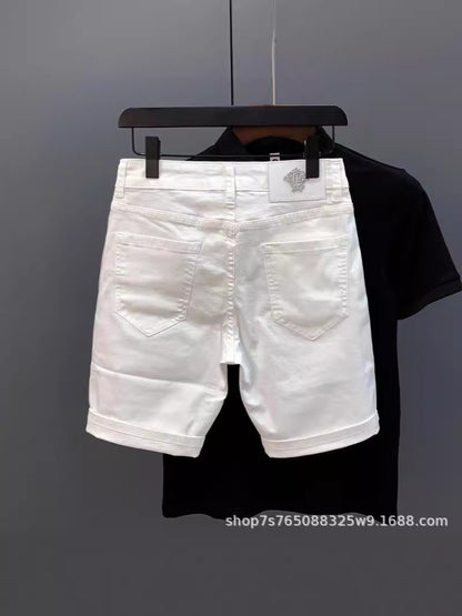 ♜  𝔽𝕦𝕤𝕚𝕠𝕟 𝔽𝕠𝕔𝕦𝕤  𖥟 𝖏𝖊𝖆𝖓𝖘  ☞ 夏季薄款個性刺绣烫鑽牛仔短褲男士高街休閒彈力修身五分褲 Bs-15
