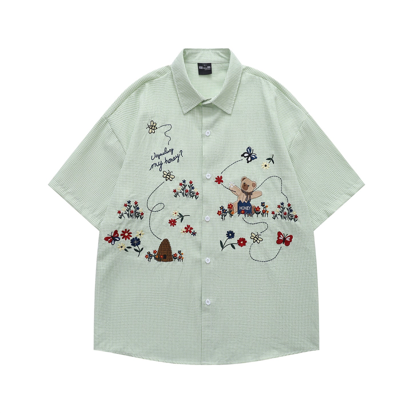𝔼mbro 𝕊hirt𒉽美式復古趣味可愛小熊短袖寬鬆襯衫YD-13