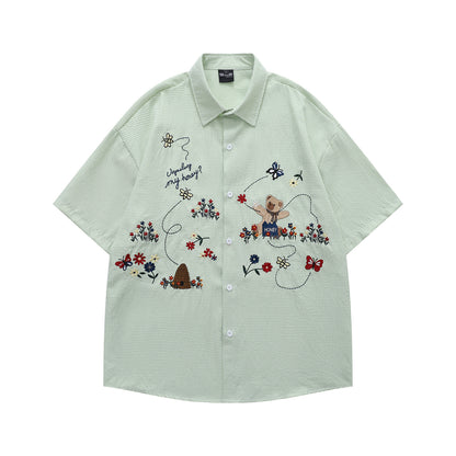𝔼mbro 𝕊hirt𒉽美式復古趣味可愛小熊短袖寬鬆襯衫YD-13