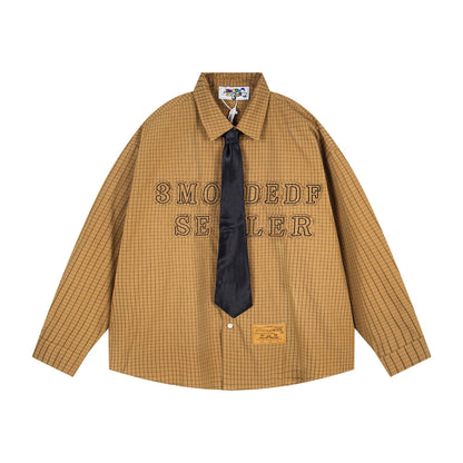 𝔼mbro 𝕊hirt𒉽2025秋冬領帶系列字母刺繡格子寬鬆襯MO-00